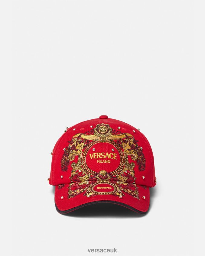 Women Versace Baroque Crystal Grid Baseball Cap 6D2D06909 Red Accessories