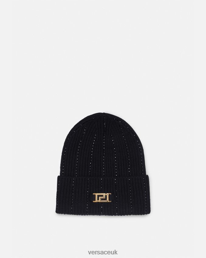 Women Versace Greca Crystal Ribbed Beanie 6D2D06874 Black Accessories
