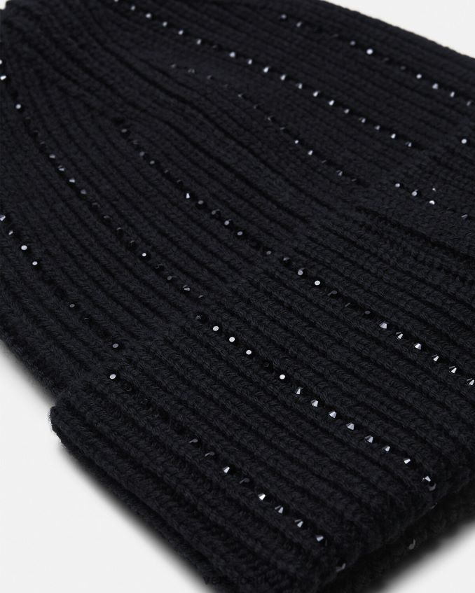 Women Versace Greca Crystal Ribbed Beanie 6D2D06874 Black Accessories