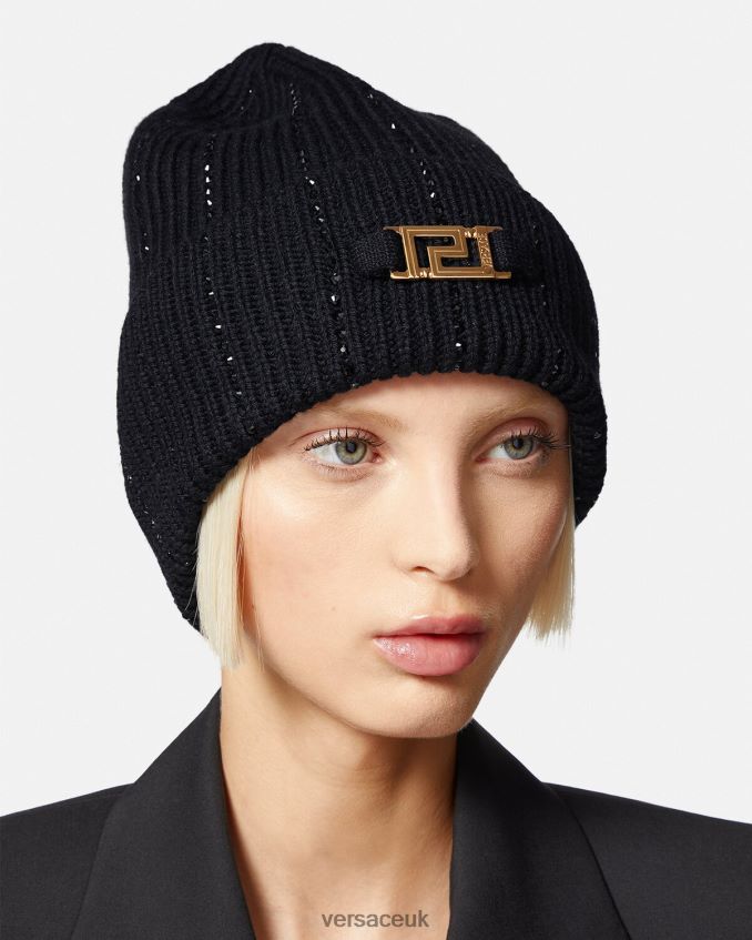 Women Versace Greca Crystal Ribbed Beanie 6D2D06874 Black Accessories