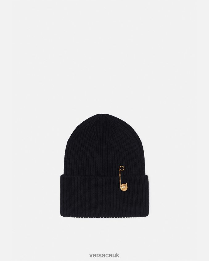 Women Versace Safety Pin Ribbed Beanie 6D2D06882 Black Accessories