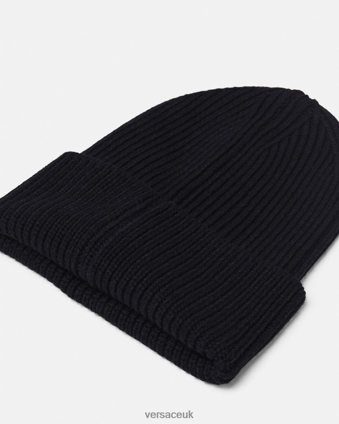 Women Versace Safety Pin Ribbed Beanie 6D2D06882 Black Accessories