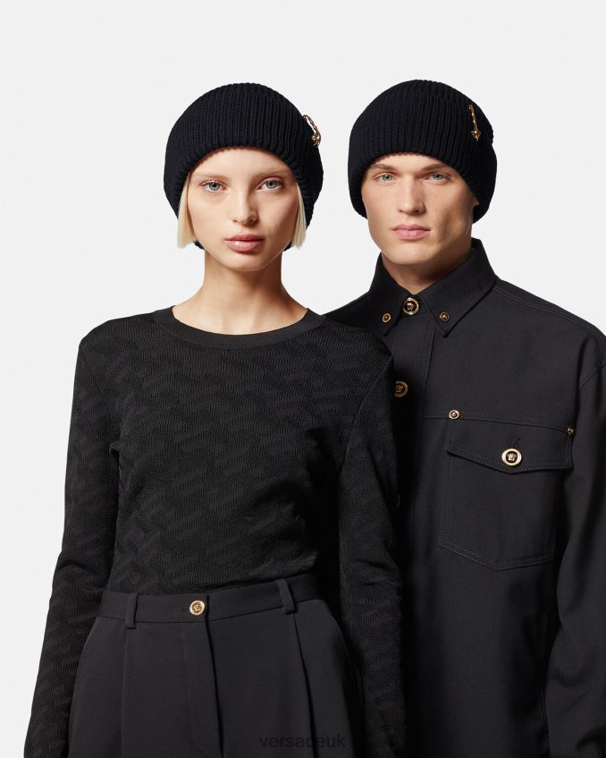 Women Versace Safety Pin Ribbed Beanie 6D2D06882 Black Accessories