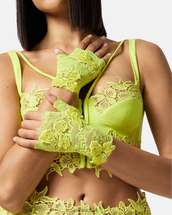 Women Versace Embroidered Lace Fingerless Gloves 6D2D06914 Lime Accessories