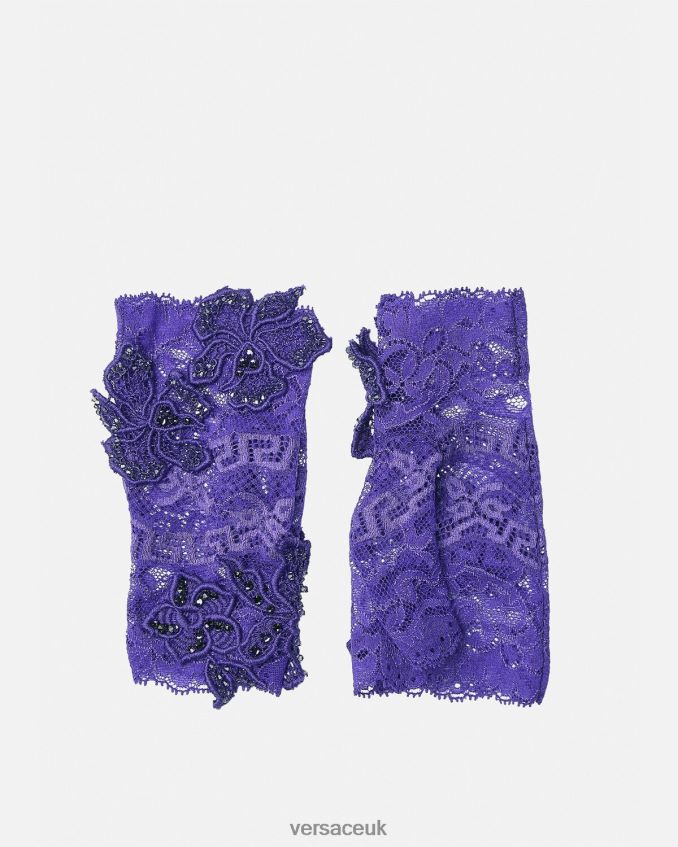 Women Versace Embroidered Lace Fingerless Gloves 6D2D06915 Violet Accessories