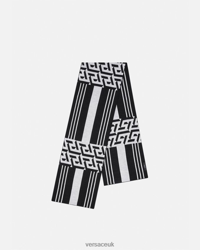 Women Versace La Greca Striped Knit Scarf 6D2D06933 Black & White Accessories