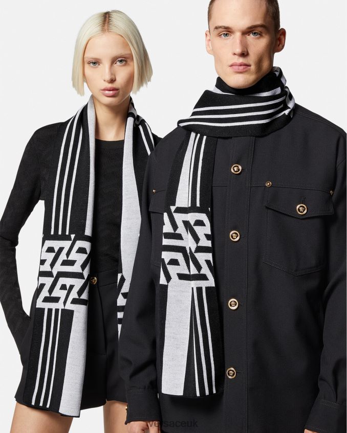 Women Versace La Greca Striped Knit Scarf 6D2D06933 Black & White Accessories
