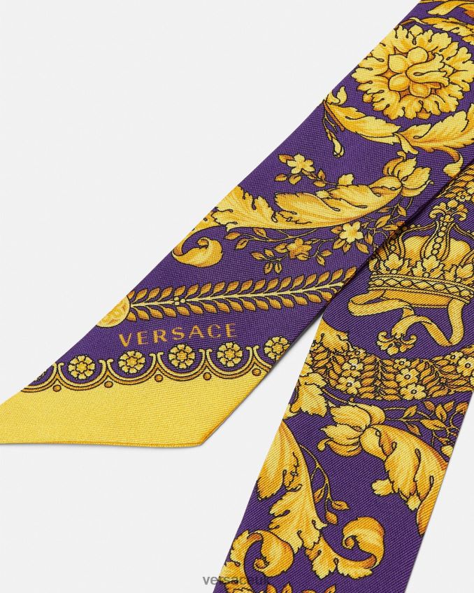 Women Versace Barocco Silk Scarf Tie 6D2D06916 Violet & Gold Accessories