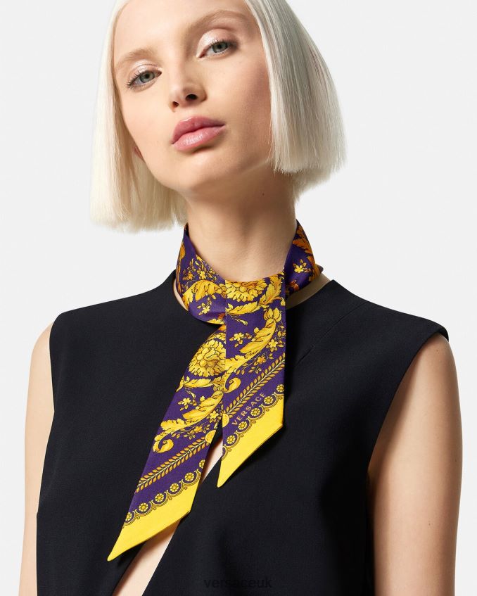 Women Versace Barocco Silk Scarf Tie 6D2D06916 Violet & Gold Accessories