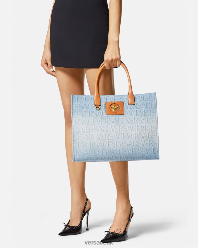 Women Versace Allover Large Denim Tote Bag 6D2D06324 Light Blue Bags