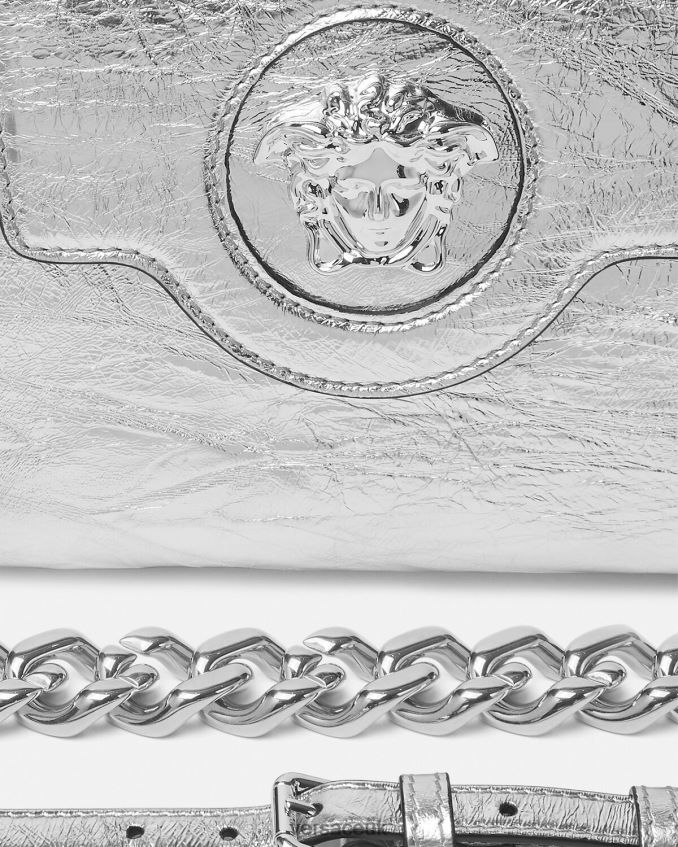 Women Versace La Medusa Metallic Small Handbag 6D2D06305 Gray Bags