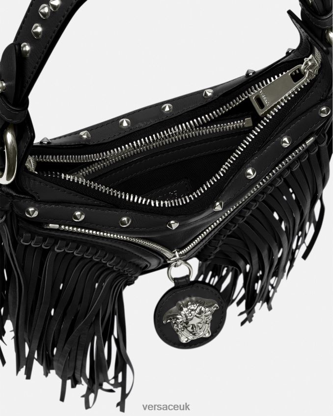 Women Versace Fringed Repeat Mini Hobo Bag 6D2D06297 Black Bags
