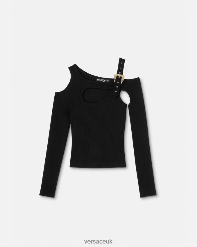 Women Versace Baroque Buckle Cutout Top 6D2D062147 Black Clothing