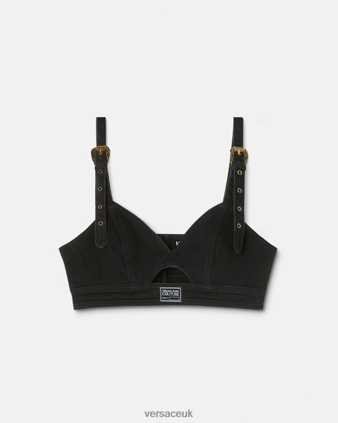 Women Versace Baroque Buckle Denim Crop Top 6D2D062145 Black Clothing