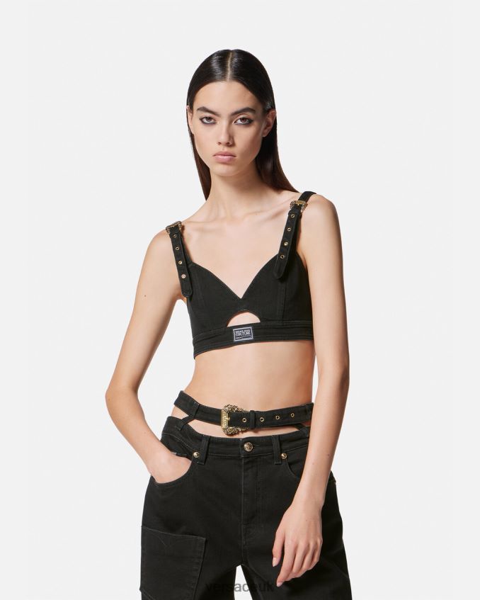 Women Versace Baroque Buckle Denim Crop Top 6D2D062145 Black Clothing