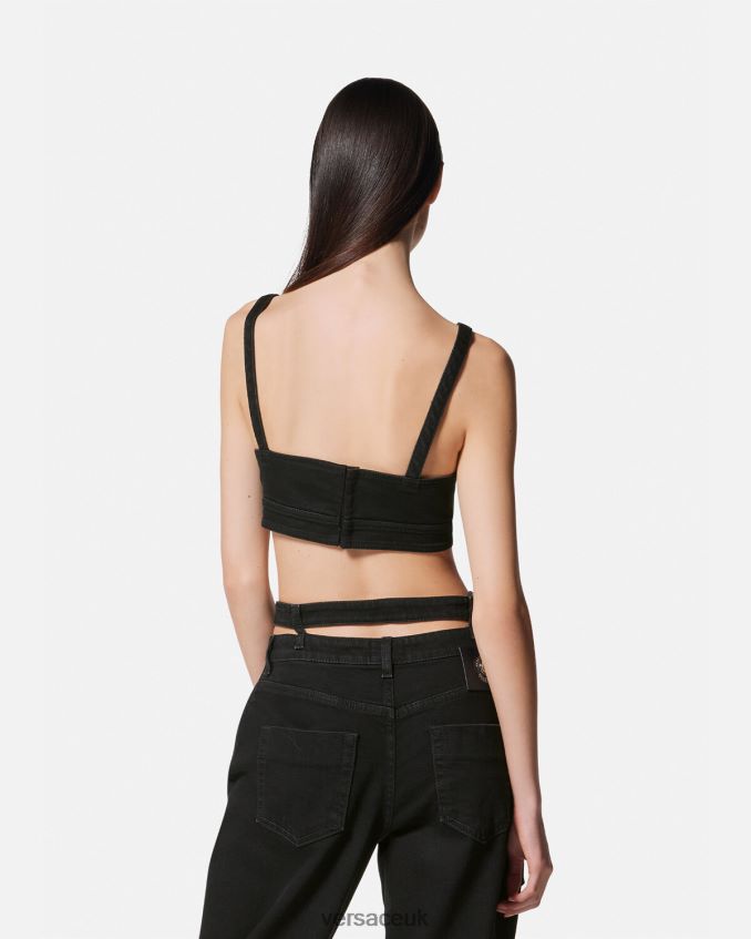 Women Versace Baroque Buckle Denim Crop Top 6D2D062145 Black Clothing