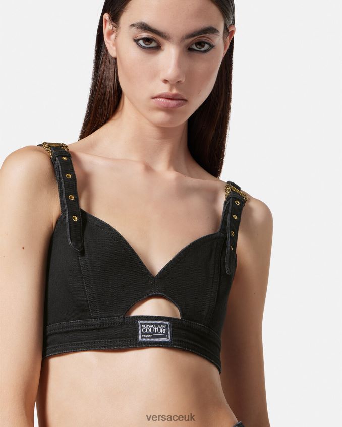 Women Versace Baroque Buckle Denim Crop Top 6D2D062145 Black Clothing
