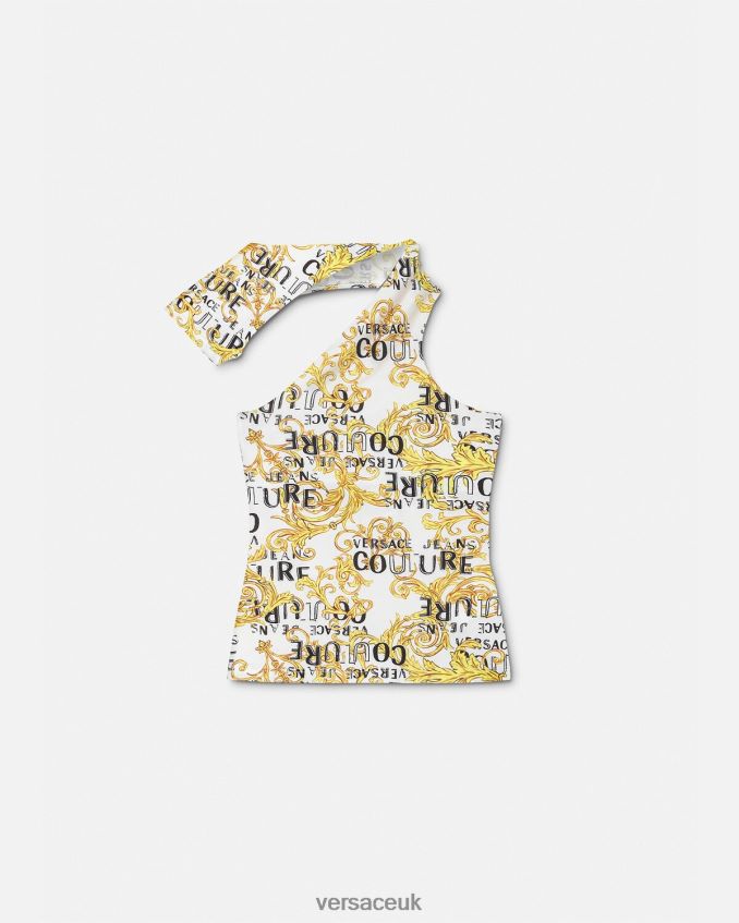 Women Versace Logo Couture One-Shoulder Top 6D2D062205 Gold & White Clothing