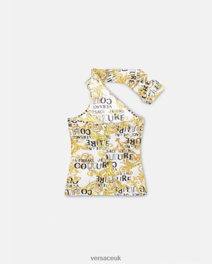 Women Versace Logo Couture One-Shoulder Top 6D2D062205 Gold & White Clothing