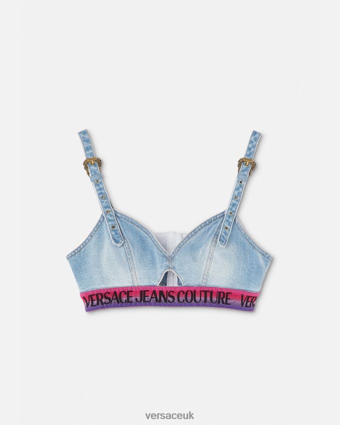 Women Versace Logo Denim Crop Top 6D2D062200 Blue Clothing