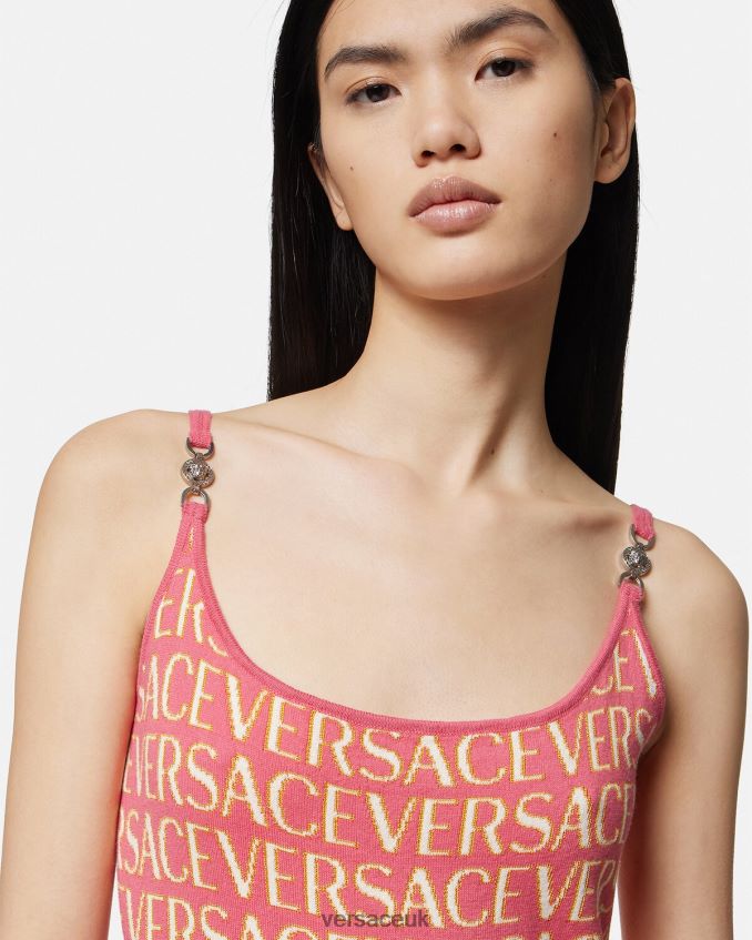 Women Versace Allover Knit Midi Dress 6D2D0624 Pink & White Clothing