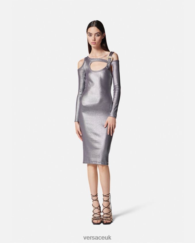 Women Versace Baroque Buckle Cutout Midi Dress 6D2D062196 Silver Clothing