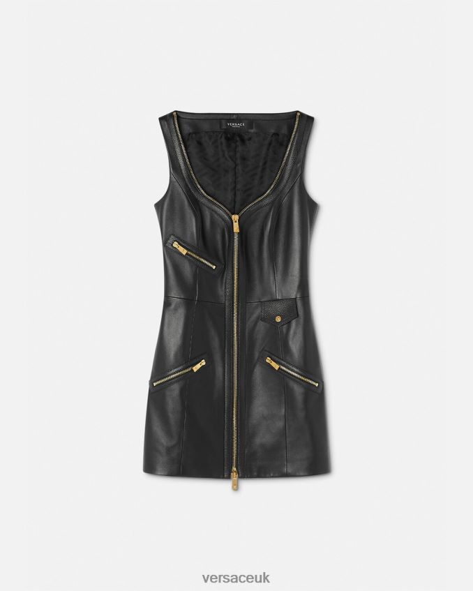 Women Versace Biker Leather Mini Dress 6D2D0667 Black Clothing