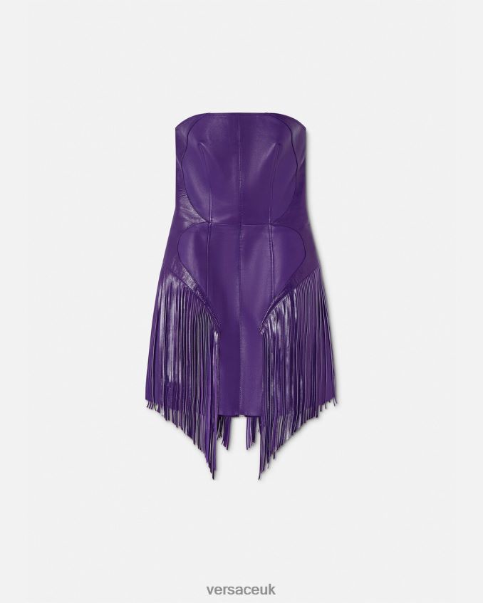 Women Versace Fringed Leather Mini Dress 6D2D0673 Violet Clothing