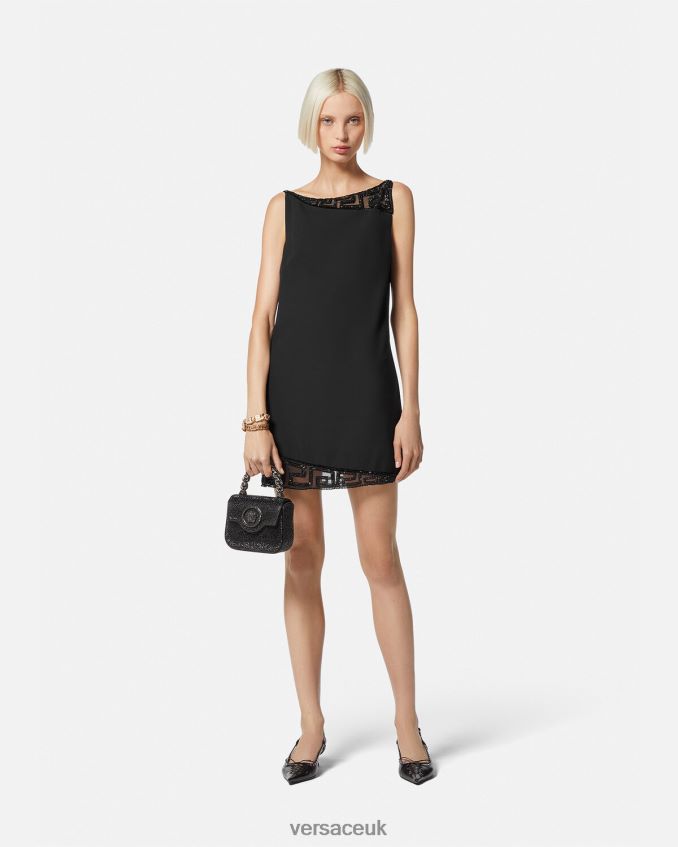 Women Versace Greca Crystal Embellished Mini Dress 6D2D0637 Black Clothing