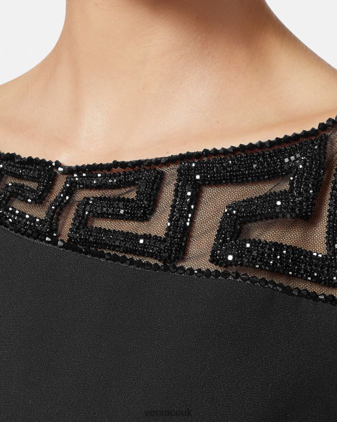 Women Versace Greca Crystal Embellished Mini Dress 6D2D0637 Black Clothing