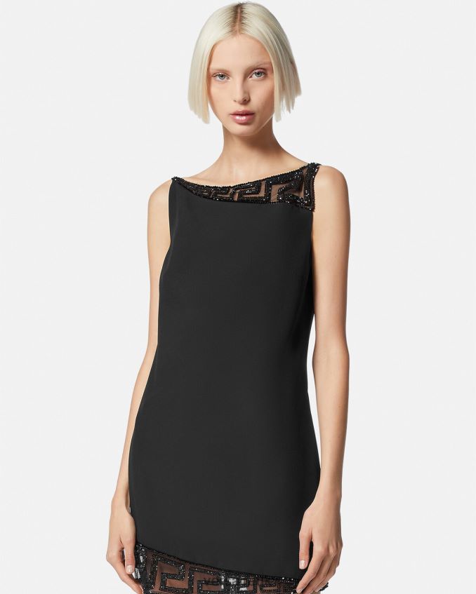 Women Versace Greca Crystal Embellished Mini Dress 6D2D0637 Black Clothing