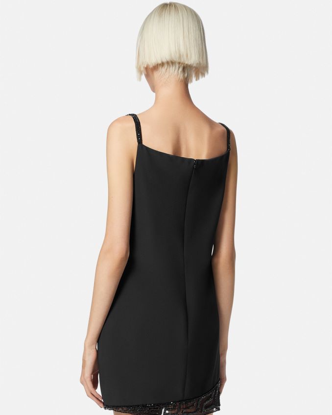 Women Versace Greca Crystal Embellished Mini Dress 6D2D0637 Black Clothing
