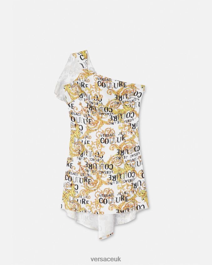 Women Versace Logo Couture One-Shoulder Dress 6D2D062186 Gold & White Clothing