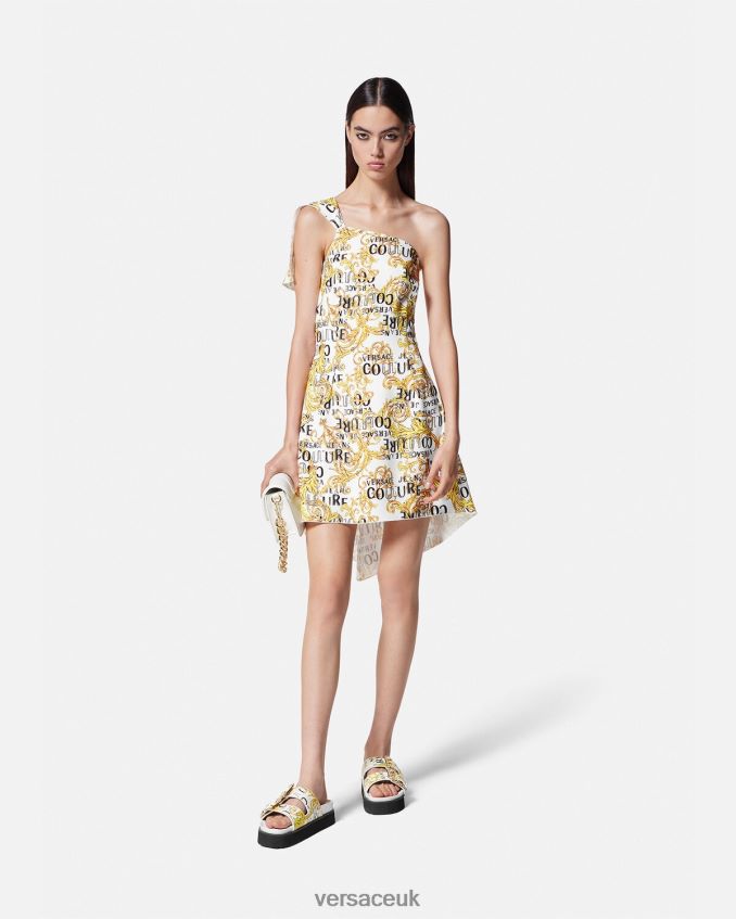 Women Versace Logo Couture One-Shoulder Dress 6D2D062186 Gold & White Clothing
