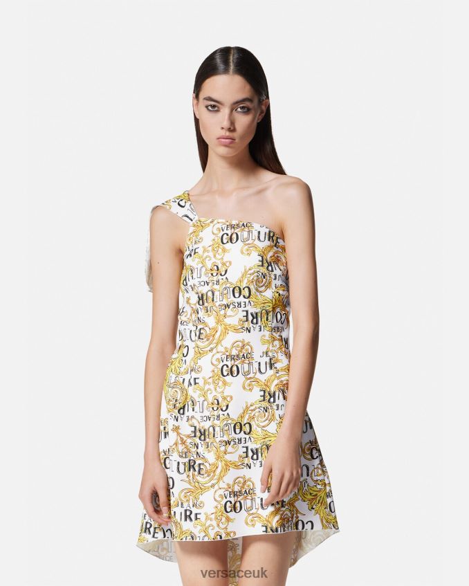 Women Versace Logo Couture One-Shoulder Dress 6D2D062186 Gold & White Clothing