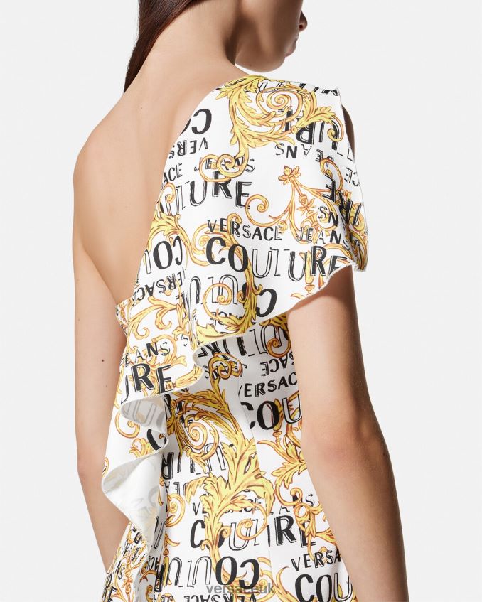 Women Versace Logo Couture One-Shoulder Dress 6D2D062186 Gold & White Clothing