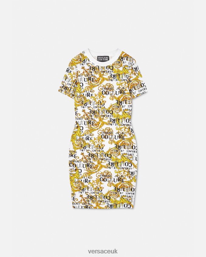 Women Versace Logo Couture T-shirt Dress 6D2D062185 Gold & White Clothing