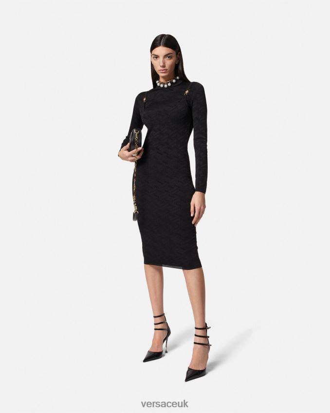 Women Versace Medusa \'95 La Greca Knit Midi Dress 6D2D0638 Black Clothing