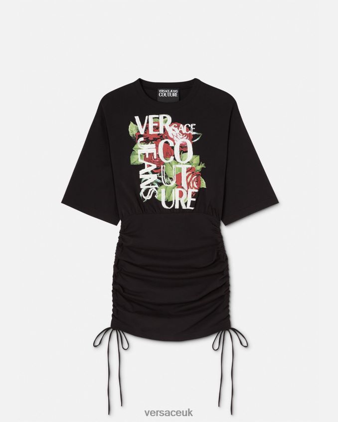 Women Versace Roses Logo Lace-Up T-Shirt Dress 6D2D062161 Black Clothing