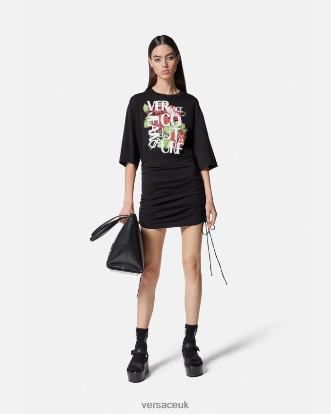 Women Versace Roses Logo Lace-Up T-Shirt Dress 6D2D062161 Black Clothing
