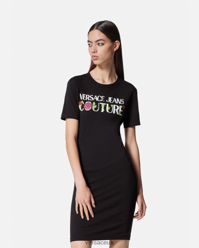Women Versace Roses Logo T-Shirt Dress 6D2D062157 Black Clothing