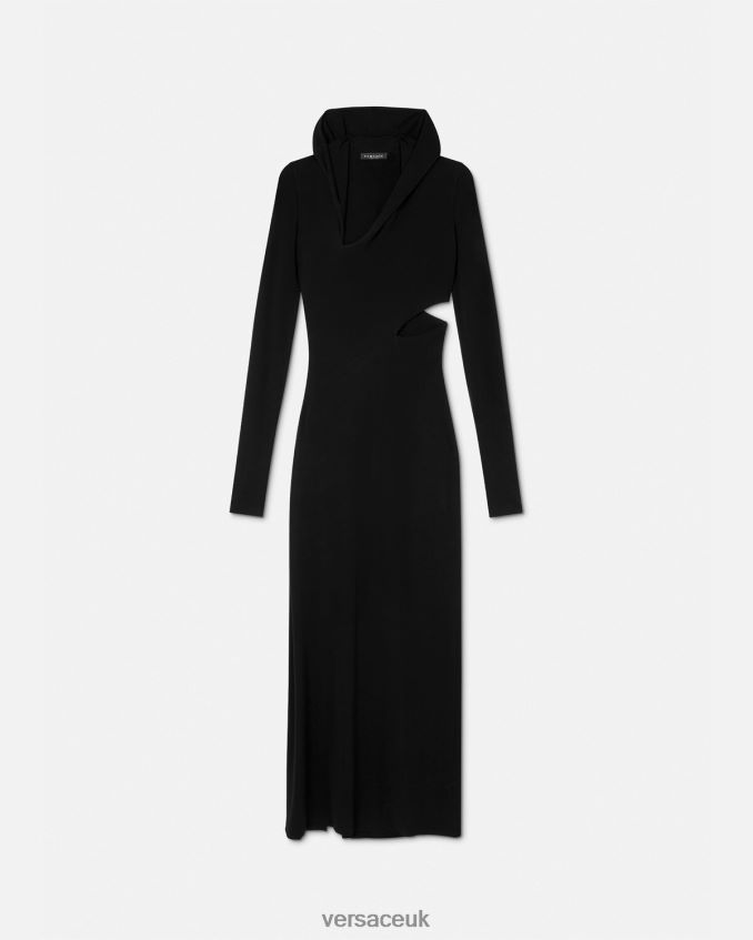 Women Versace Slashed Hoodie Long Dress 6D2D0652 Black Clothing