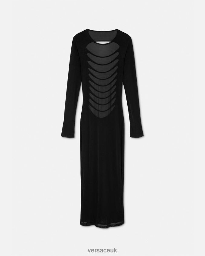 Women Versace Slashed Knit Long Dress 6D2D0651 Black Clothing