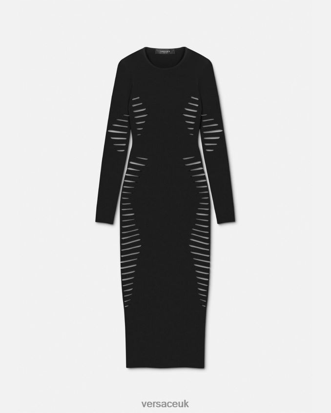 Women Versace Slashed Knit Midi Dress 6D2D0650 Black Clothing