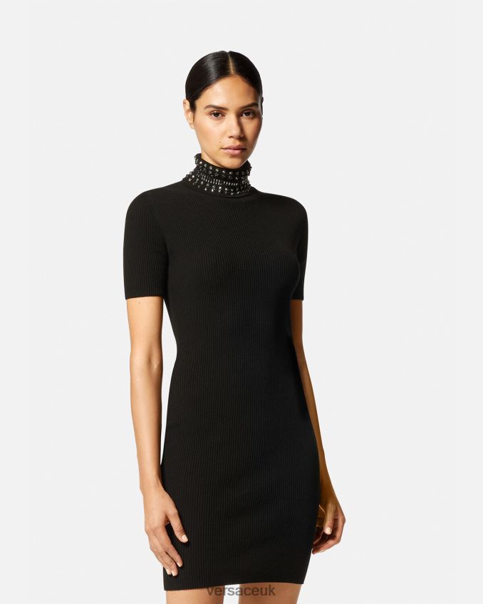 Women Versace Spiked Turtleneck Knit Midi Dress 6D2D0671 Black Clothing