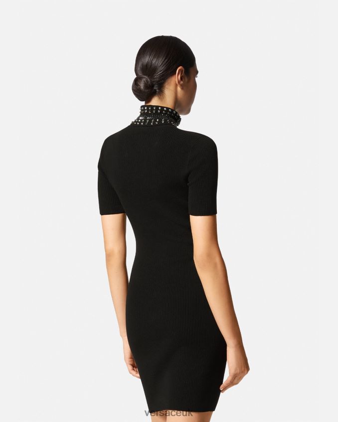Women Versace Spiked Turtleneck Knit Midi Dress 6D2D0671 Black Clothing