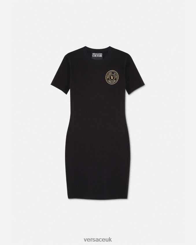 Women Versace V-Emblem Logo T-Shirt Dress 6D2D062144 Black & Gold Clothing