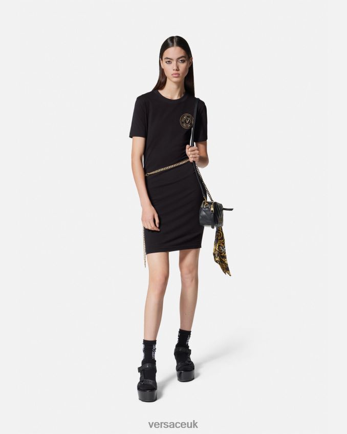 Women Versace V-Emblem Logo T-Shirt Dress 6D2D062144 Black & Gold Clothing
