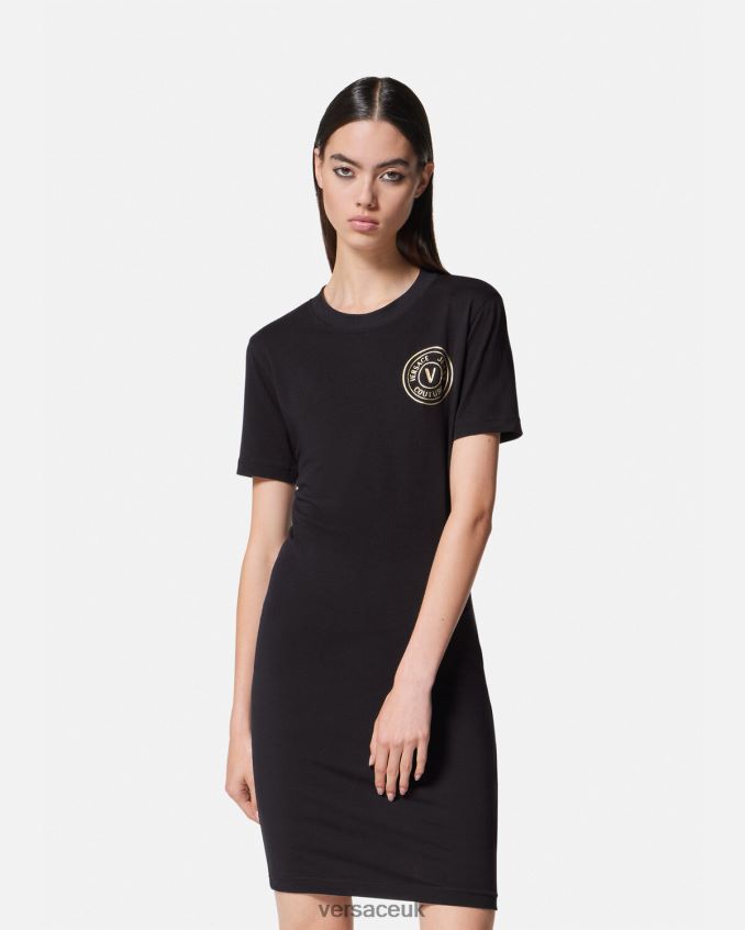 Women Versace V-Emblem Logo T-Shirt Dress 6D2D062144 Black & Gold Clothing