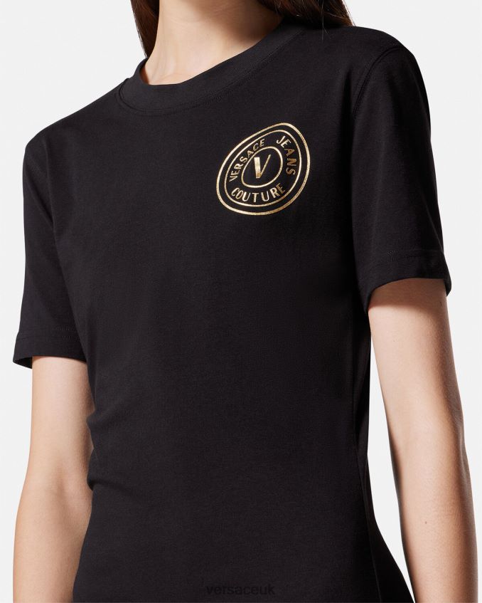 Women Versace V-Emblem Logo T-Shirt Dress 6D2D062144 Black & Gold Clothing
